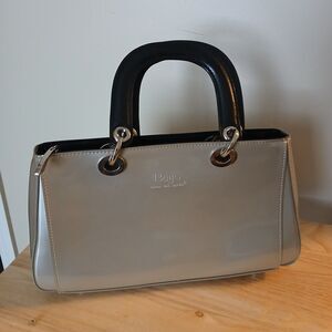 Beijo Silvertone Faux Patent Leather Satchel Handbag Purse Black Handles